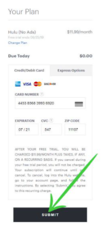Payment details on Hulu Account 