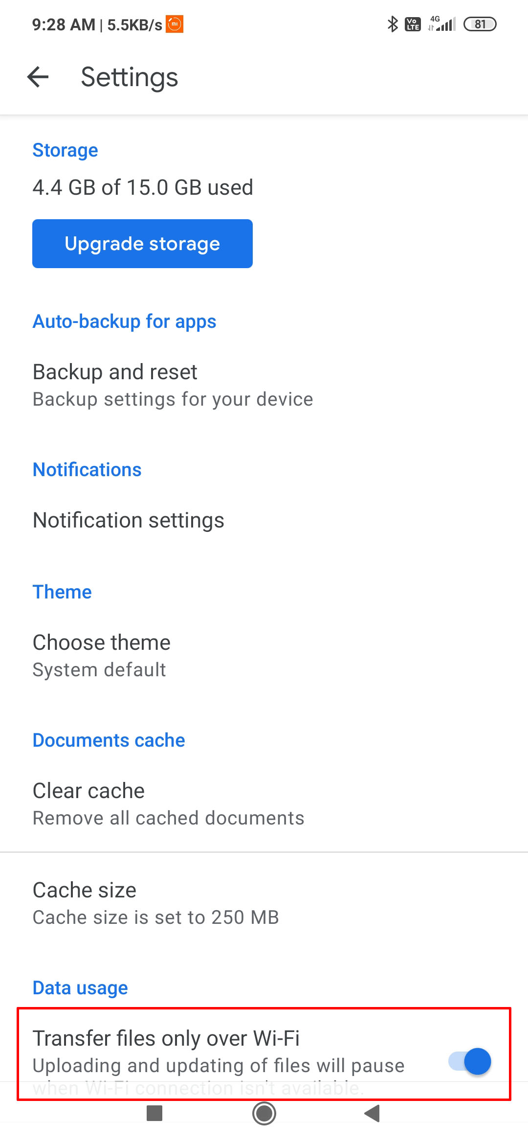 Upload Files to Drive via Mobile data