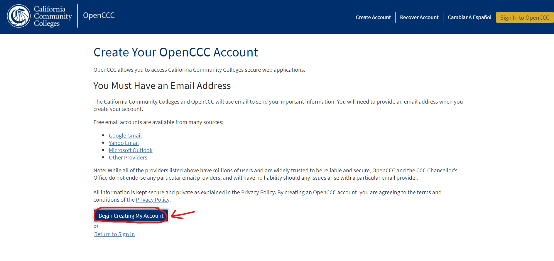 Begin creating account